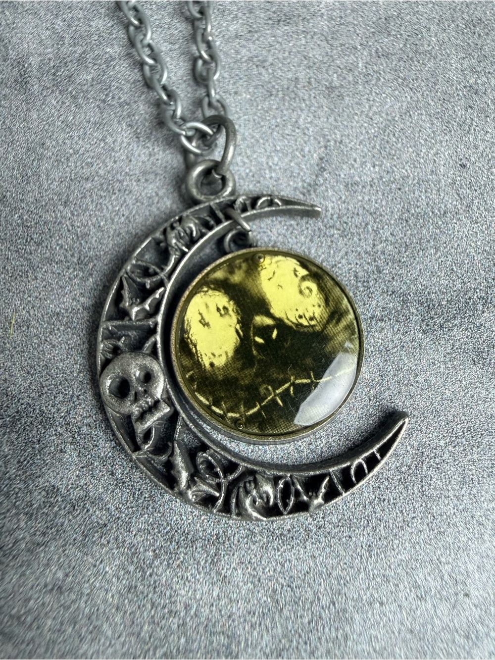 Silver Crescent Moon Pendant Necklace with Yellow Glass Cabochon